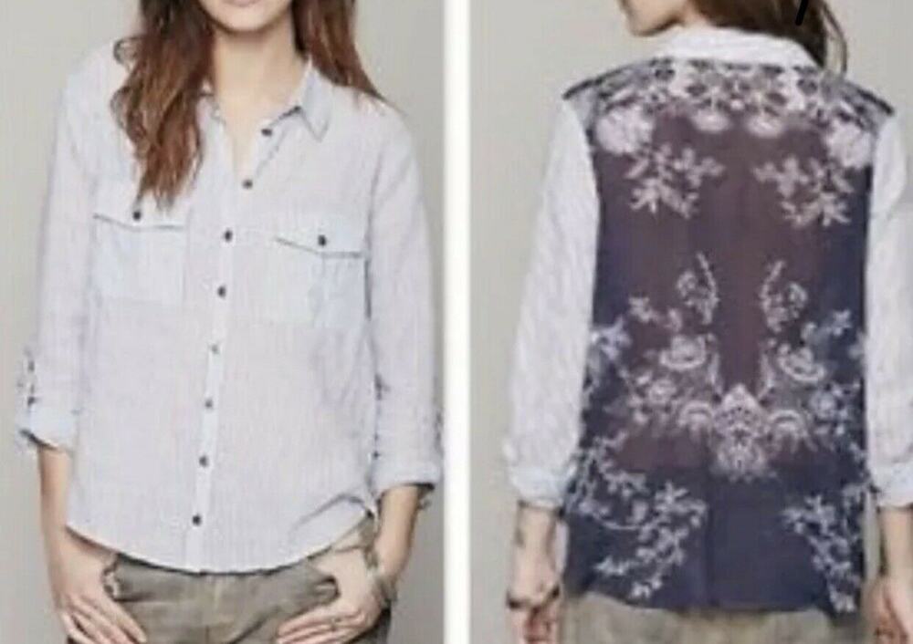 Free People Party in the Back Striped Shirt XS Blue Floral Sheer F838T084